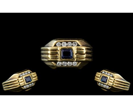 Art Deco Period 18ct Yellow Gold Diamond and Sapphire Set Dress Ring of solid cast design. the diamonds and sapphires of good