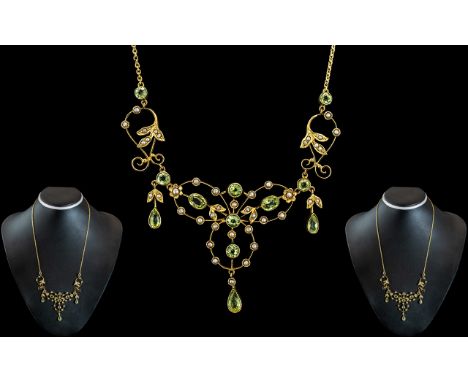 Victorian Period 1837 - 1901 Superb Quality and Exquisite 18ct Gold Peridot and Seed Pearl Set Pendant / Drop Necklace of Won