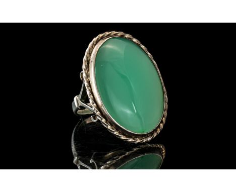 Large Vintage - Impressive Sterling Silver Single Stone Jade Set Ring - Excellent Setting. The Large Oval Shaped Polished Jad