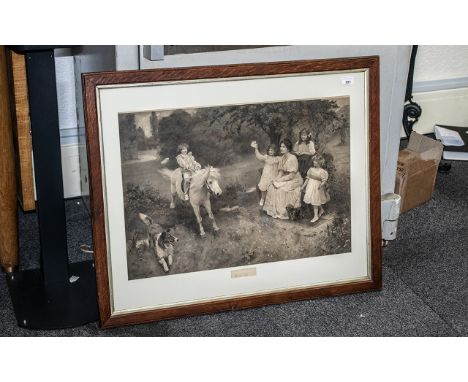 Large Victorian Etching after Arthur J Elsley 1907, glazed and framed, signed to bottom. Depicts a family scene in the garden