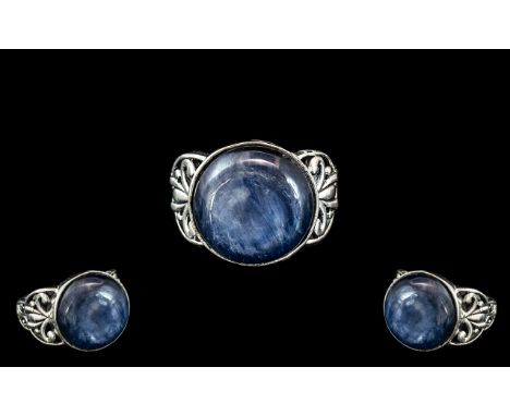 Kyanite Round Cabochon Ring, also known as Moon Kyanite because of the silvery shimmer, similar to the natural effect seen in