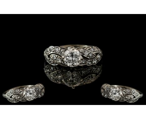 Antique Diamond Cluster Ring, Central Round Brilliant Cut Diamond Surrounded By 20 Further Round Cut Diamonds, Central Stone 