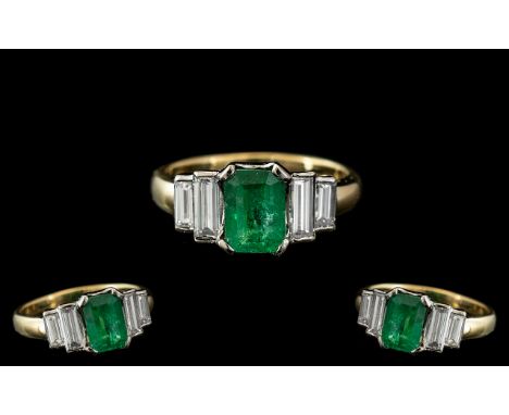 18ct Gold - Attractive 5 Stone Emerald and Diamond Set Dress Ring. Full Hallmark for 750 to Interior of Shank. The Emerald / 