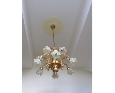 Ornate Brass Chandelier with 12 glass lamps. 