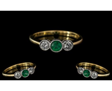 18ct Gold - Superb Quality 3 Stone Diamond and Emerald Set Dress Ring. Rub-over Setting. The Brilliant Cut Diamonds of Est F 