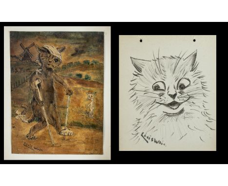 Louis William Wain (1860-1939) - Two original art works by Louis Wain - sketch drawing and painting on Leather stuck down on 