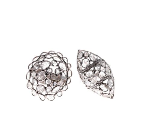 Collection of sterling silver Polki Diamond cocktail rings. Marquise shaped ring is UK size P, cluster ring is UK size L. Bot
