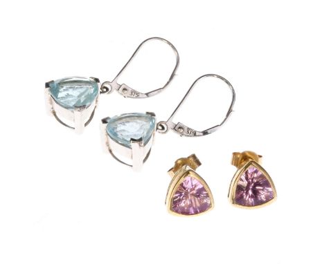 9ct Gold Stone Set Earrings in white and yellow gold, these earrings are set with topaz and amethyst. The drops measure 2.5cm