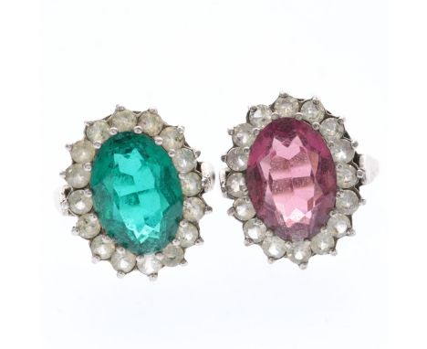 Collection of sterling silver paste cocktail rings with 9ct gold shanks. Both rings are UK leading edge N. Signs of general a