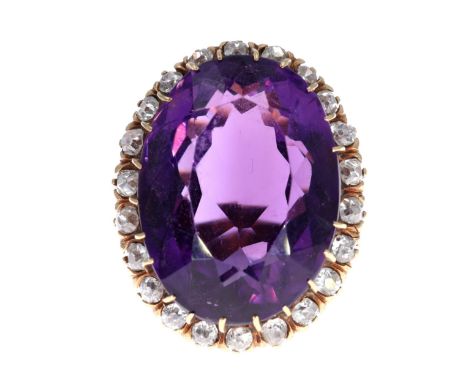 Victorian Diamond and Amethyst Gold Cocktail Ring. This piece has been tested as 14ct gold. The central amethyst measures app