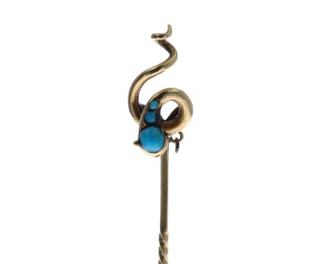 Antique gold snake stick pin set with Turquoise. Measures approx. 7.3cm. Tested to 9ct gold. Pin is slightly bent, possibly m