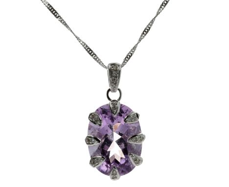 9ct white gold Amethyst and Diamond pendant necklace. Measures approx. 44.5cm. Stamped on the clasp and on the bail. Weighs i