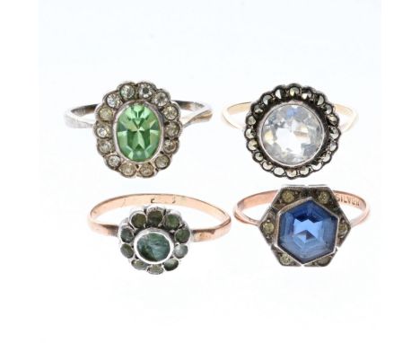 Collection of antique sterling silver paste dress rings with 9ct gold shanks. There are a variety of sizes. Each is stamped i