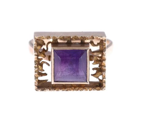 Mid Century Amethyst Gold Cocktail Ring. UK ring size O. Stamped 9ct on the inner band, weighs in total 7.6g.