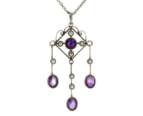 Antique Amethyst and Split Pearl Lavalier Gold Pendant and Chain. This piece is stamped 15ct on the chain and pendant respect