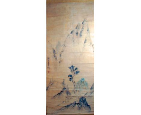 A CHINESE PAINED ON PAPER HANGING SCROLL PICTURE, inscribed with four characters and a red seal within machined silk borders 