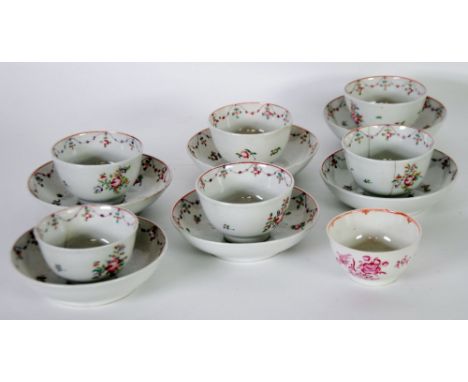 SET OF  SIX LATE EIGHTEENTH CENTURY ENGLISH PORCELAIN TEA BOWLS AND SAUCERS, painted in colours with floral pendant borders, 