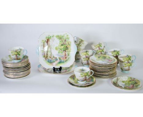 FIFTY TWO PIECE SHELLEY 'WOODLAND' PATTERN CHINA PART TEA SERVICE, comprising; FIFTEEN TEA CUPS, SEVENTEEN SAUCERS, EIGHTEEN 