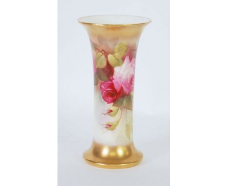 EARLY TWENTIETH CENTURY ROYAL WORCESTER HAND PAINTED CHINA VASE, signed Blake, of cylindrical form with flared rim and spread