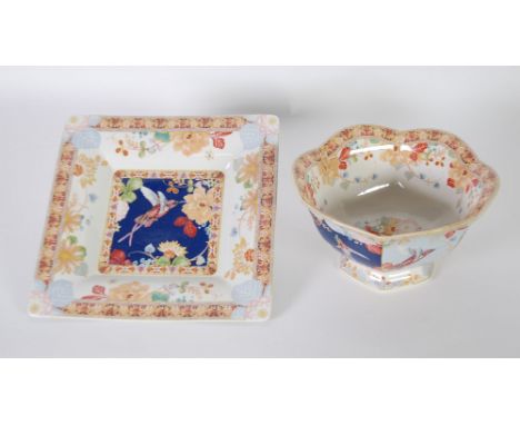 TWO PIECES OF SPODE 'JAUNA' POTTERY, comprising; FOOTED HEXAGONAL BOWL, 4 3/4" (12.1cm) high AND A SQUARE DISH, 10 1/4" (26cm