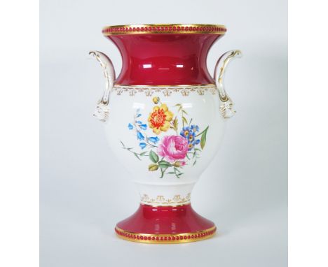 IMPRESSIVE SPODE TWO HANDLED CHINA VASE, of campana form with lion mask capped loop handles, printed and painted with flowers