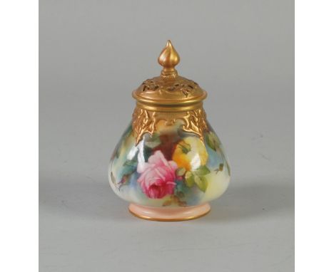 EARLY 20TH CENTURY ROYAL WORCESTER HAND PAINTED BLUSH CHINA POT JAR AND COVER, of lobard baluster form with flame finial and 