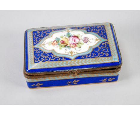 'SEVRES' PORCELAIN OBLONG TRINKET BOX  with gilt metal mount and hinge, the slightly domed lid painted in polychrome with a b