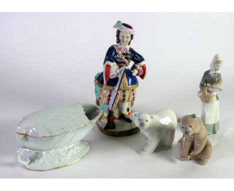 NINETEENTH CENTURY CONTINENTAL PORCELAIN TOBACCO JAR  with removable cover, in the form of a female supporting a musket, a dr
