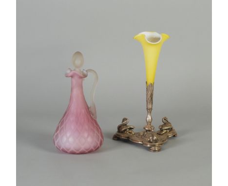 JAMES DEAKIN ELECTROPLATED AND YELLOW CASED GLASS TABLE CENTRE EPERGNE, the single trumpet vase on a trefoil base, mounted wi