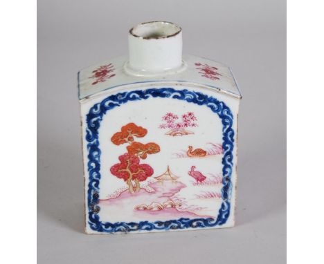 LATE EIGHTEENTH CENTURY CHINESE ENAMELLED PORCELAIN TEA CADDY, clad sided form with arched shoulders and short cylindrical ne