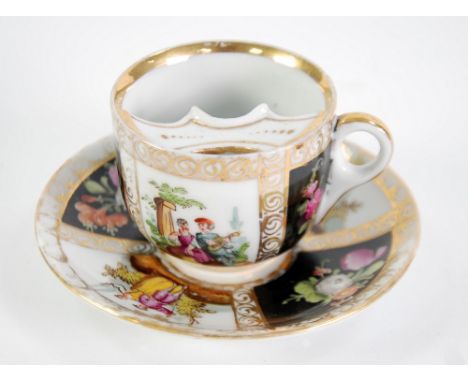 A PAIR OF DRESDEN PORCELAIN CABINET CUPS AND SAUCERS, quatrefoil shaped, painted in alternate quadrants with courtiers and fl