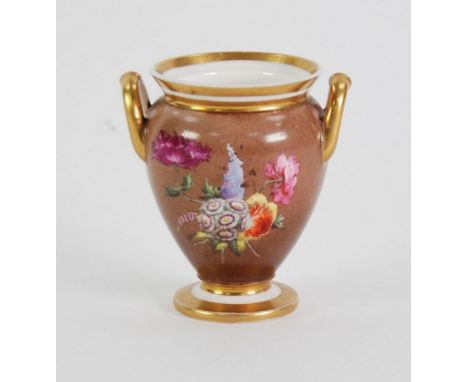 19th CENTURY SPODE PORCELAIN SMALL TWO HANDLED OVULAR VASE well painted with a basket of summer flowers to the front, bouquet