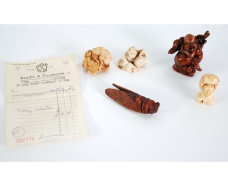 LATE NINETEENTH/EARLY TWENTIETH CENTURY ORIENTAL CARVED HARDWOOD NETSUKE IN THE FORM OF A LOCUST, wings furled inset black ey