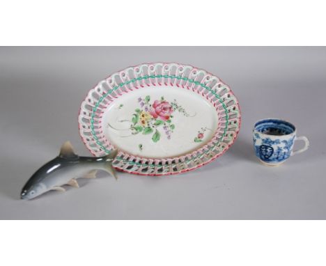 ROYAL COPENHAGEN PORCELAIN MODEL OF A FISH, (2675), 6" (15.2cm) long, TOGETHER WITH A BLUE AND WHITE CHINA CUP with gilt bord
