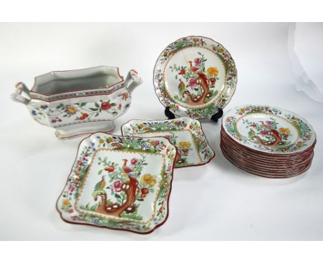 LATE VICTORIAN POTTERY SUGAR BOWL AND CREAM JUG held within an elecrtroplated stand, TOGETHER WITH 14 PIECE COPELAND SPODE 'A