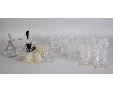 ART DECO BLACK CASED AND FLASH CUT GLASS PERFUME BOTTLE, of fan form with conforming stopper (chipped), TOGETHER WITH AN ORBI