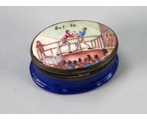 ANTIQUE ENGLISH ENAMELLED ON COPPER OVAL PATCH BOX, the hinged lid painted with figures in a boxing ring, top hatted crowd an