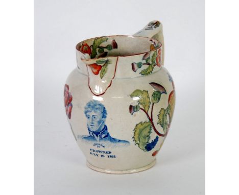 RHEUBEN JOHNSON, EARLY NINETEENTH CENTURY GEORGE IV ROYAL COMMEMORATIVE 'SEMI CHINA' JUG, 1821, printed and washed with crown