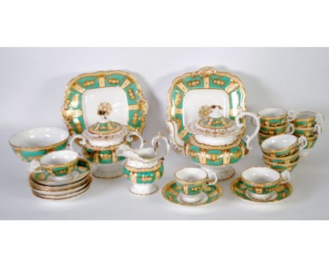 POSSIBLE RIDGWAYS TWENTY SEVEN PIECE VICTORIAN CHINA PART TEA AND COFFEE SERVICE, decorated in green, yellow and gilt with pa