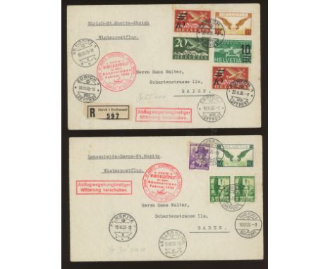 1935 First Flight covers pair davos to baden &amp; Zurich to Baden. Slight toning.