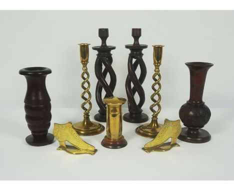 Mixed Lot of Brass and Wood Items, To include a Model of a Brass Post Box, Pair of Brass Candlesticks, Lignum Vitae style Can
