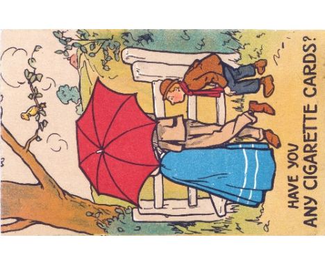 ADVERT, postcard, Have You Any Cigarette Cards?, by the kissing gate, pub. by Valentines, serrated edges, hand-written messag