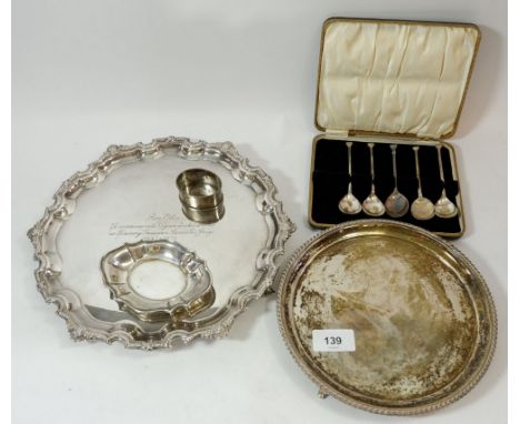 A silver salver Sheffield 1945, 377g, 20cm diameter, five silver teaspoons, a silver napkin ring, silver pin dish and a silve