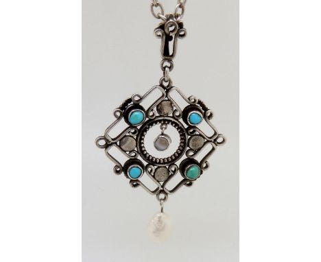 A William Hair Haseler Arts &amp; Crafts silver pendant with turquoise set openwork panel and pearl drop, marked 