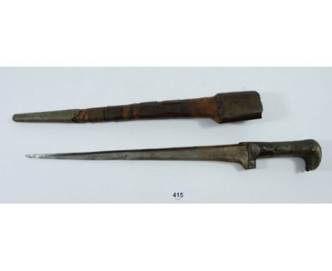 A Mameluke dagger with studded wooden handle and metal bound scabbard, total length of dagger 47cm 