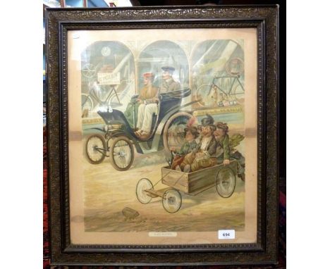 A Victorian colour print of a motor car and a go cart outside a bicycle shop 'Rival Motors', 44 x 37cm