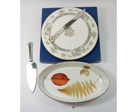 A Royal Worcester 'Mayfield' cake plate, a cake knife and slice plus an oval Royal Worcester serving dish 