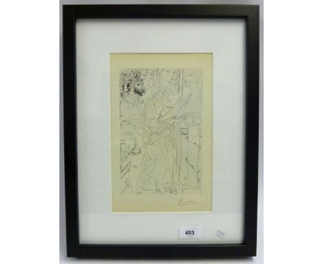 After Pablo Picasso - a print taken from the 'Vollard Suite' 1956 (1st Edition) plate no. 77 'Three Actors' (three costumed f