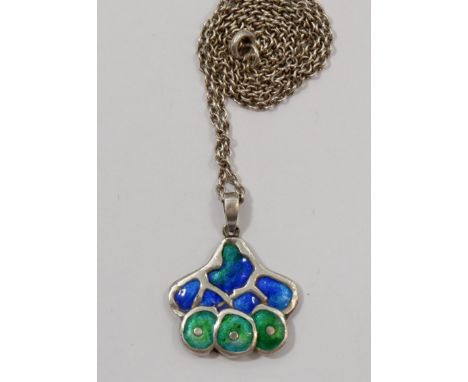 An Art Nouveau style Studio silver and enamel double sided pendant on silver chain 