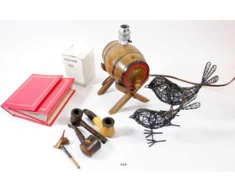A vintage table lamp in the form of a barrel and various other items